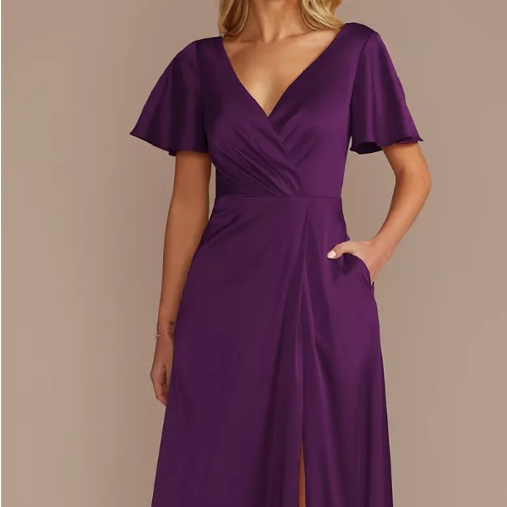 David's Bridal Plum Wrap Maxi Dress with Flutter Sleeves